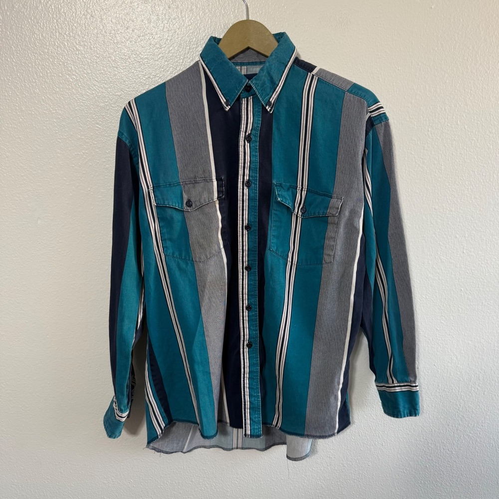 Vintage Wrangler Size 16x34 Teal Blue Striped Long Sleeve Button Up Shirt